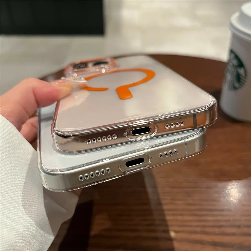For iPhone 16 Pro Crystal Clear Case Compatible with MagSafe Hard PC Phone Cover with Tempered Glass Film - Orange - 7