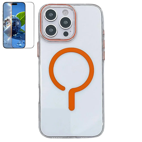 For iPhone 16 Pro Max Crystal Clear Case Compatible with MagSafe Hard PC Phone Cover with Tempered Glass Film - Orange - 1