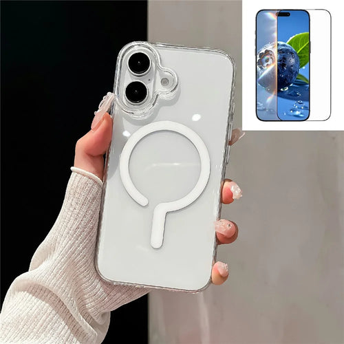 For iPhone 16 Crystal Clear Case Compatible with MagSafe Hard PC Phone Cover with Tempered Glass Film - White - 1
