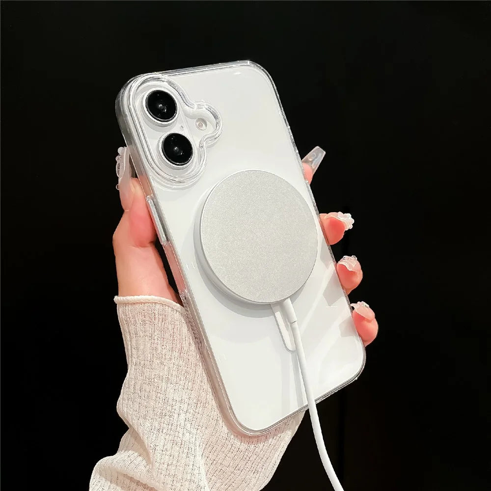 For iPhone 16 Crystal Clear Case Compatible with MagSafe Hard PC Phone Cover with Tempered Glass Film - White - 3