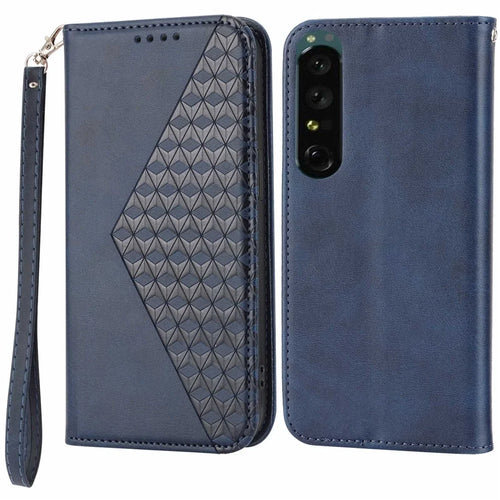 For Sony Xperia 5 IV 5G Imprinted Rhombus Pattern Phone Stand Case Calf Texture PU Leather Wallet Magnetic Closure Cover with Strap - Blue - 1