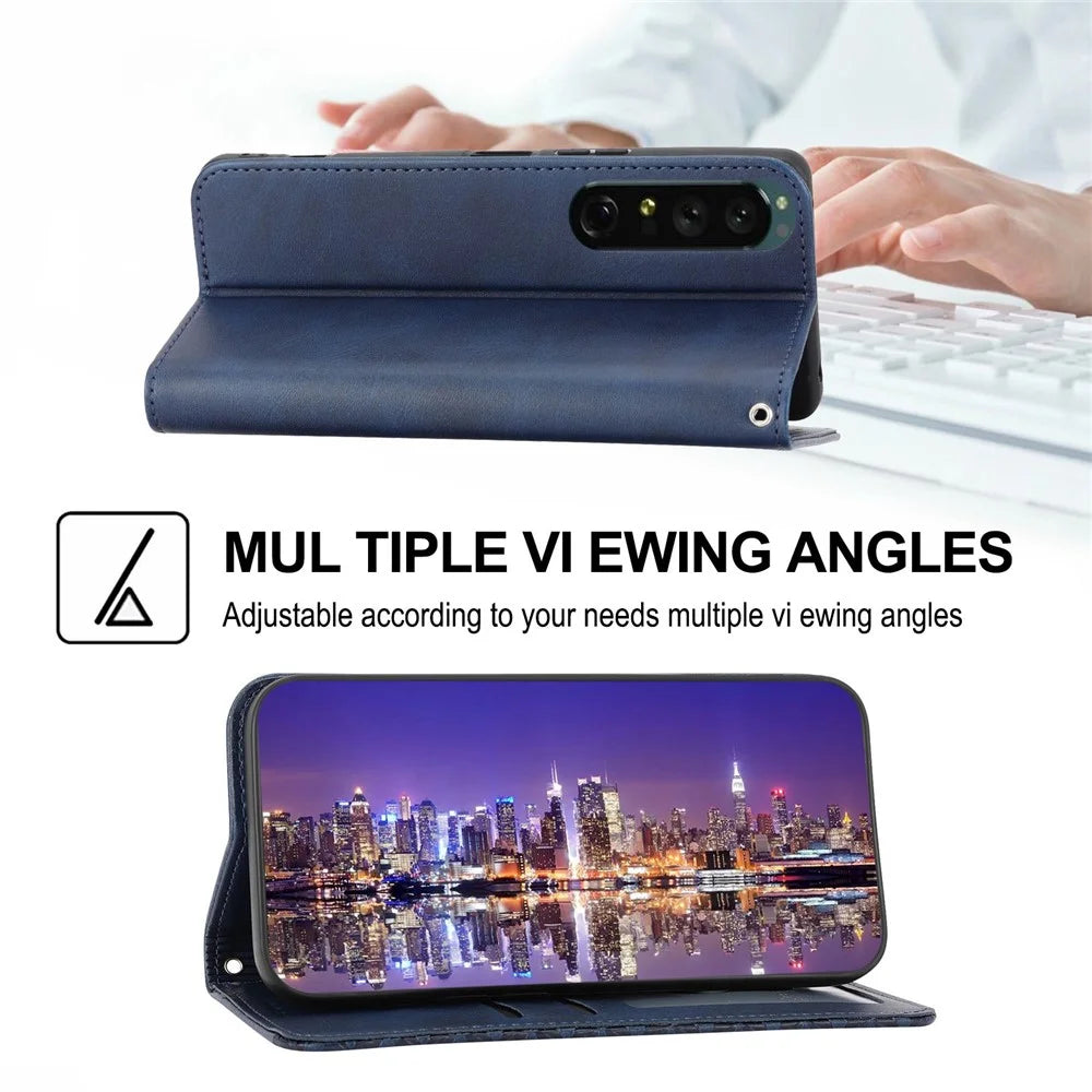 For Sony Xperia 5 IV 5G Imprinted Rhombus Pattern Phone Stand Case Calf Texture PU Leather Wallet Magnetic Closure Cover with Strap - Blue - 4