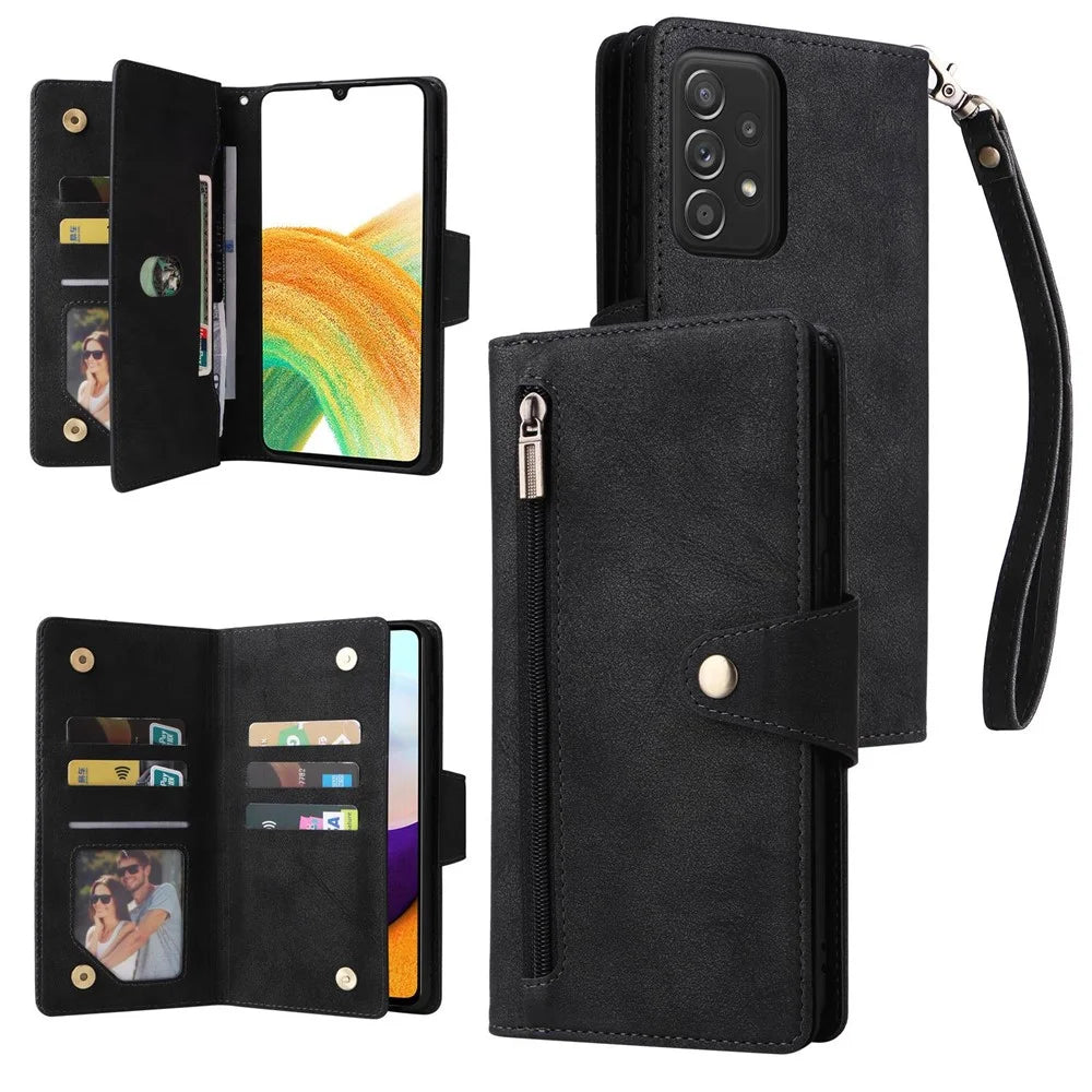 For Samsung Galaxy A33 5G Shockproof Phone Case Rivet Buckle PU Leather Wallet Zipper Case with Stand / Strap - Black - 1