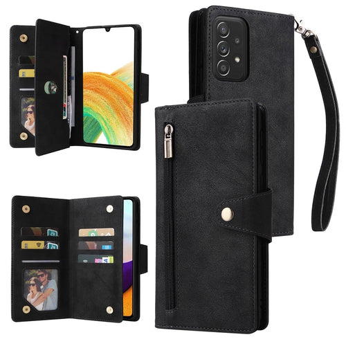 For Samsung Galaxy A33 5G Shockproof Phone Case Rivet Buckle PU Leather Wallet Zipper Case with Stand / Strap - Black - 1