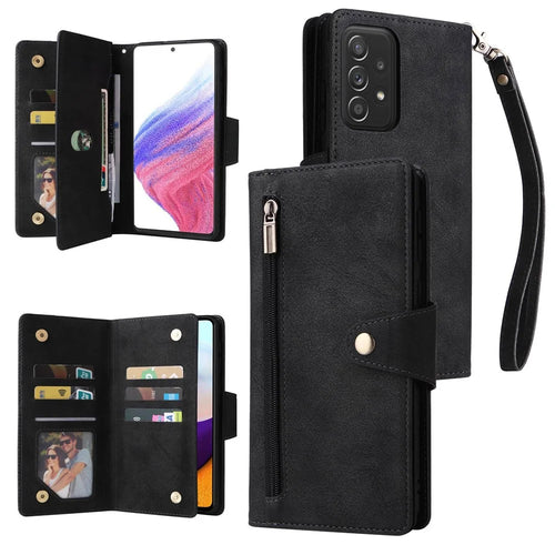 For Samsung Galaxy A53 5G Multiple Card Slots Phone Cover Rivet Buckle PU Leather Phone Case Stand Wallet with Strap - Black - 1