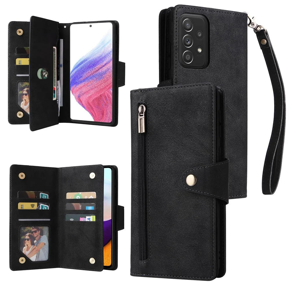 For Samsung Galaxy A53 5G Multiple Card Slots Phone Cover Rivet Buckle PU Leather Phone Case Stand Wallet with Strap - Black - 1