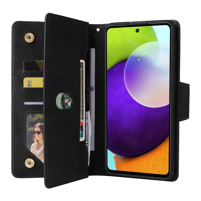 For Samsung Galaxy A53 5G Multiple Card Slots Phone Cover Rivet Buckle PU Leather Phone Case Stand Wallet with Strap - Black - 3