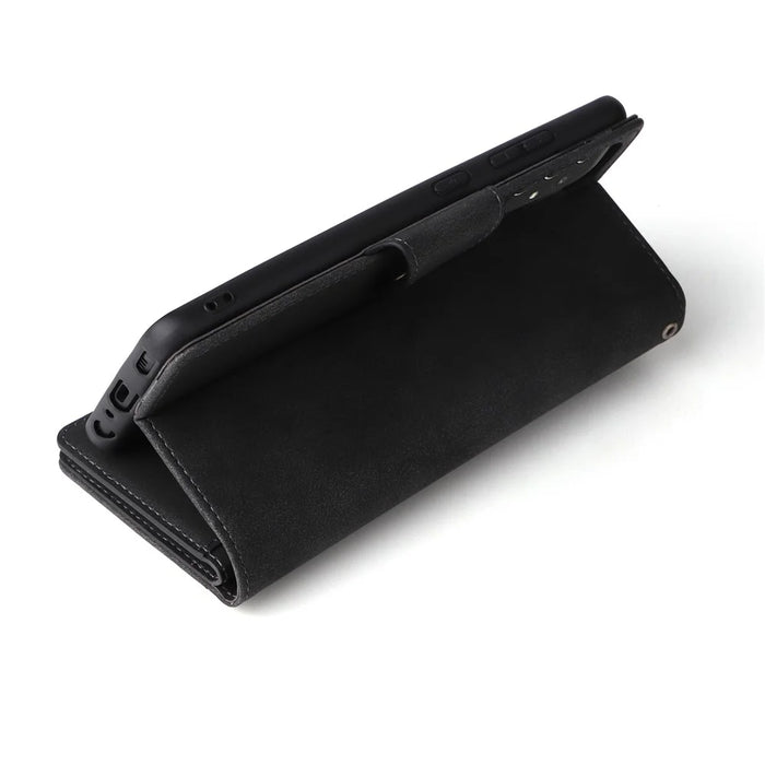 For Samsung Galaxy A53 5G Multiple Card Slots Phone Cover Rivet Buckle PU Leather Phone Case Stand Wallet with Strap - Black - 5