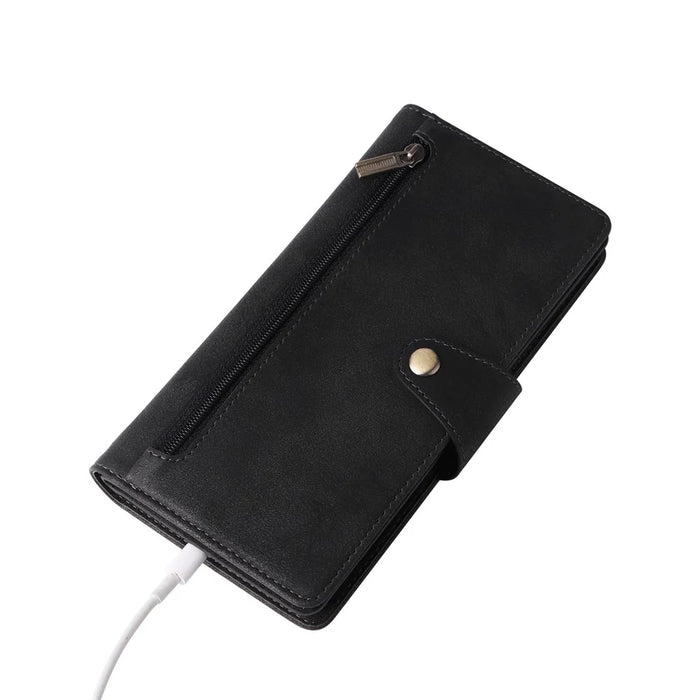 For Samsung Galaxy A53 5G Multiple Card Slots Phone Cover Rivet Buckle PU Leather Phone Case Stand Wallet with Strap - Black - 6