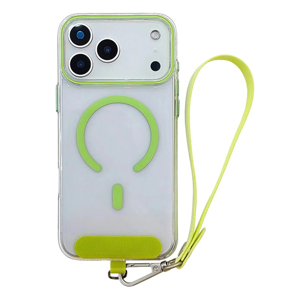 For iPhone 17 Pro Case Compatible with MagSafe Hard PC Clear Phone Cover with Wrist Strap - Fluorescent Green - 1