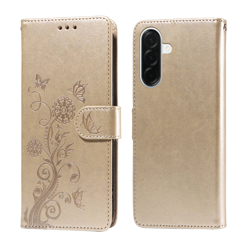 For Samsung Galaxy A37 5G Leather Case Butterfly Floral Imprint Wallet Stand Cover - Golden - 1