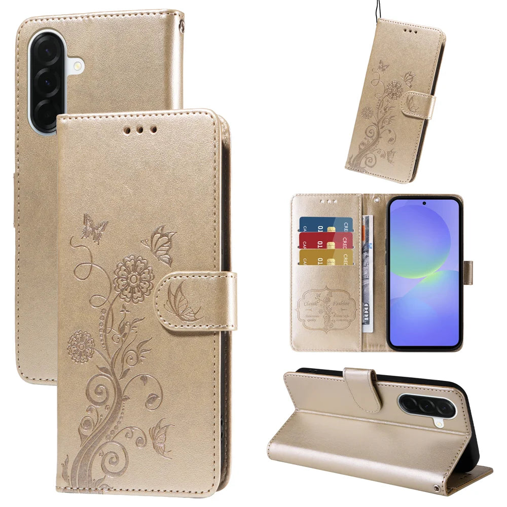 For Samsung Galaxy A37 5G Leather Case Butterfly Floral Imprint Wallet Stand Cover - Golden - 2