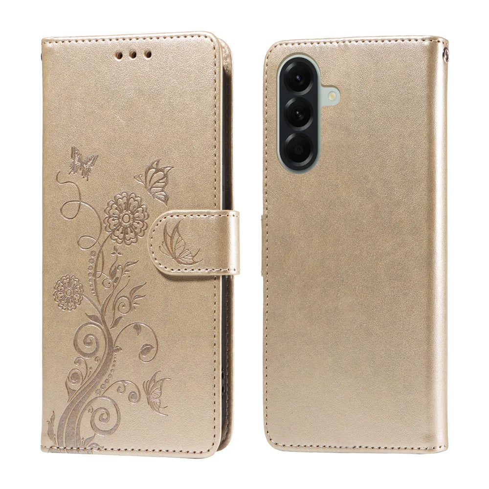 For Samsung Galaxy A57 5G Leather Case Butterfly Floral Imprint Wallet Stand Cover - Golden - 1