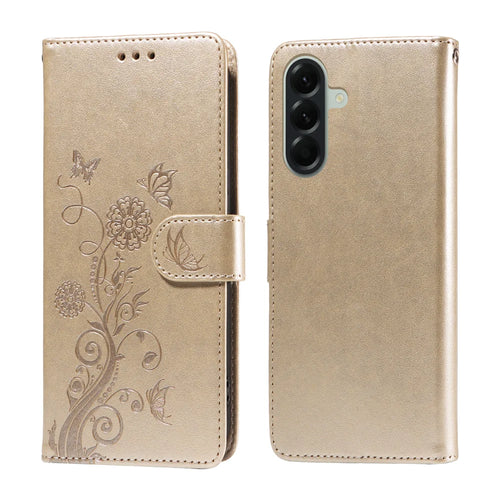 For Samsung Galaxy A57 5G Leather Case Butterfly Floral Imprint Wallet Stand Cover - Golden - 1