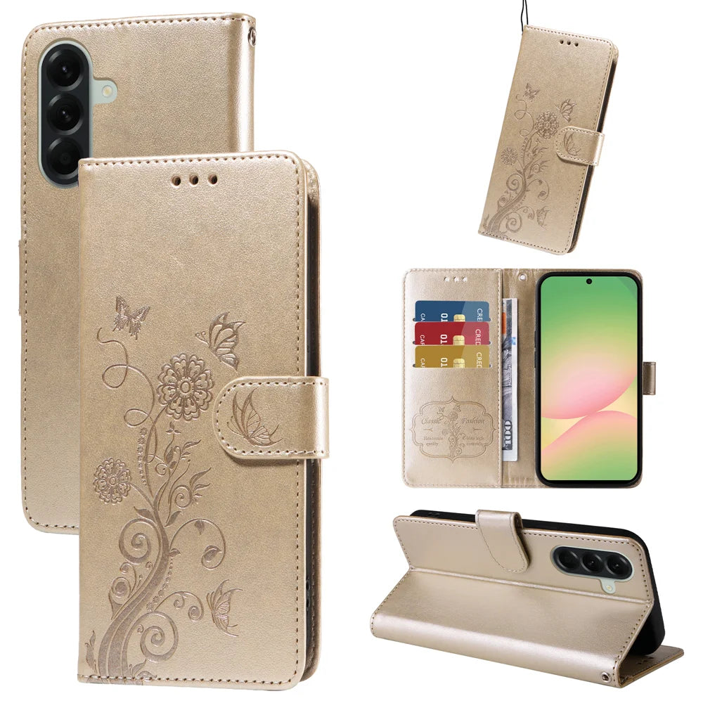 For Samsung Galaxy A57 5G Leather Case Butterfly Floral Imprint Wallet Stand Cover - Golden - 2