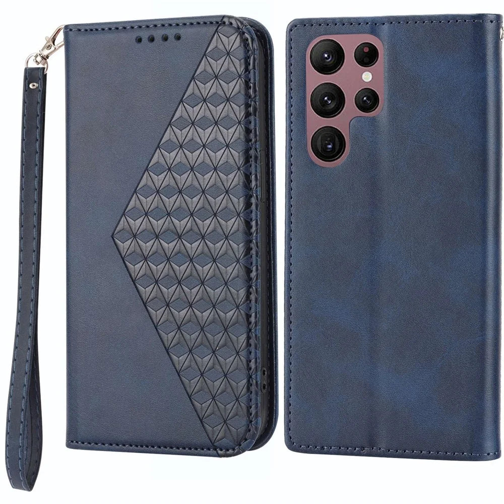 For Samsung Galaxy S23 Ultra Calf Texture PU Leather Stand Case Magnetic Auto-absorbed Imprinted Rhombus Pattern Wallet Phone Cover with Strap - Blue - 1