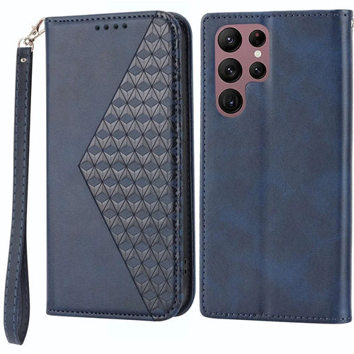 For Samsung Galaxy S23 Ultra Calf Texture PU Leather Stand Case Magnetic Auto-absorbed Imprinted Rhombus Pattern Wallet Phone Cover with Strap - Blue - 1