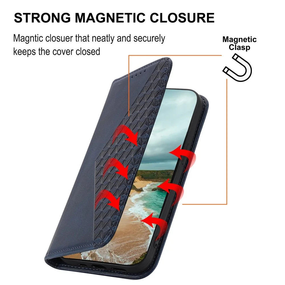 For Samsung Galaxy S23 Ultra Calf Texture PU Leather Stand Case Magnetic Auto-absorbed Imprinted Rhombus Pattern Wallet Phone Cover with Strap - Blue - 4