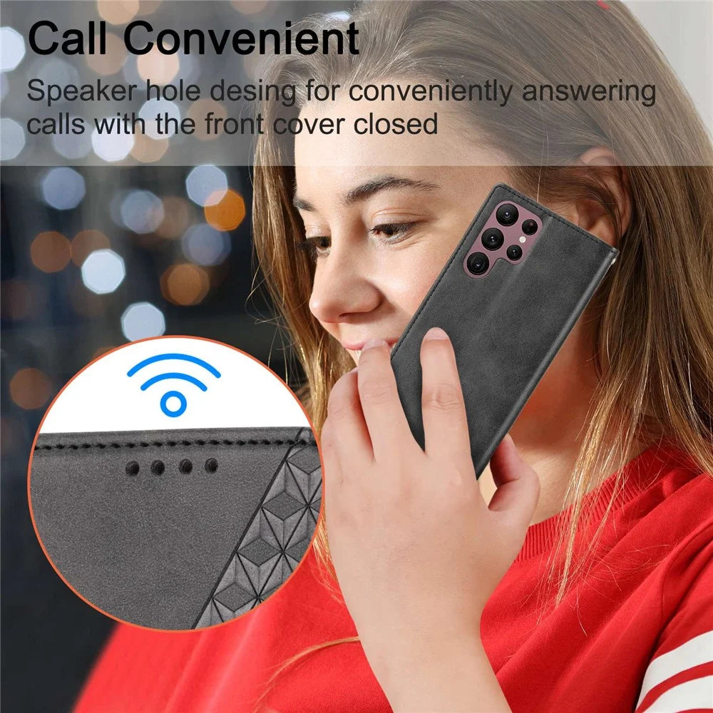 For Samsung Galaxy S23 Ultra Calf Texture PU Leather Stand Case Magnetic Auto-absorbed Imprinted Rhombus Pattern Wallet Phone Cover with Strap - Blue - 7
