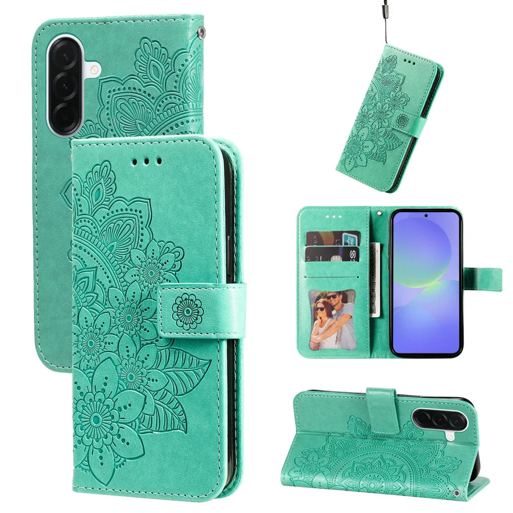For Samsung Galaxy A37 5G Case Floral Pattern PU Leather Wallet Stand Phone Cover - Green - 3