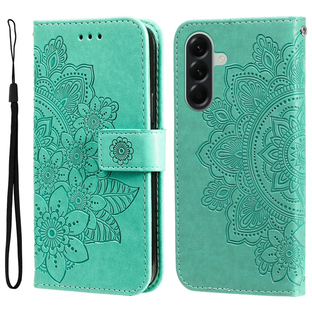 For Samsung Galaxy A57 5G Case Floral Pattern PU Leather Wallet Stand Phone Cover - Green - 1