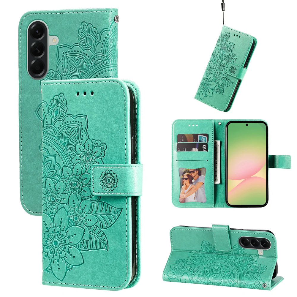 For Samsung Galaxy A57 5G Case Floral Pattern PU Leather Wallet Stand Phone Cover - Green - 3