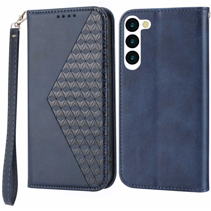For Samsung Galaxy S23+ Calf Texture Imprinted Rhombus Pattern PU Leather Case Wallet Folio Flip Phone Stand Cover with Strap - Blue - 1