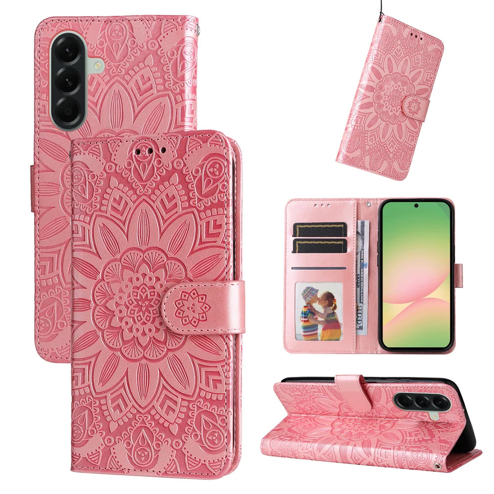 For Samsung Galaxy A57 5G Case Sunflower Imprint Leather Wallet Phone Cover - Pink - 3