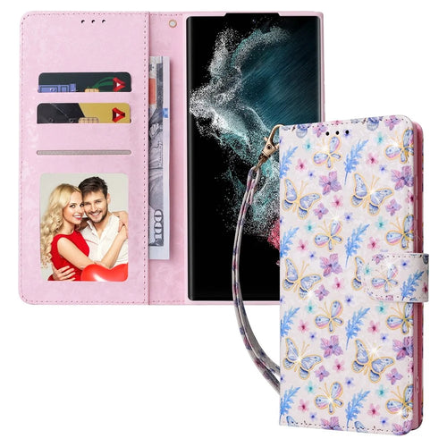 For Samsung Galaxy S23 Ultra Lacquered PU Leather Phone Full Protection Case RFID Blocking Flip Stand Wallet Cover - Butterfly Flower - 1