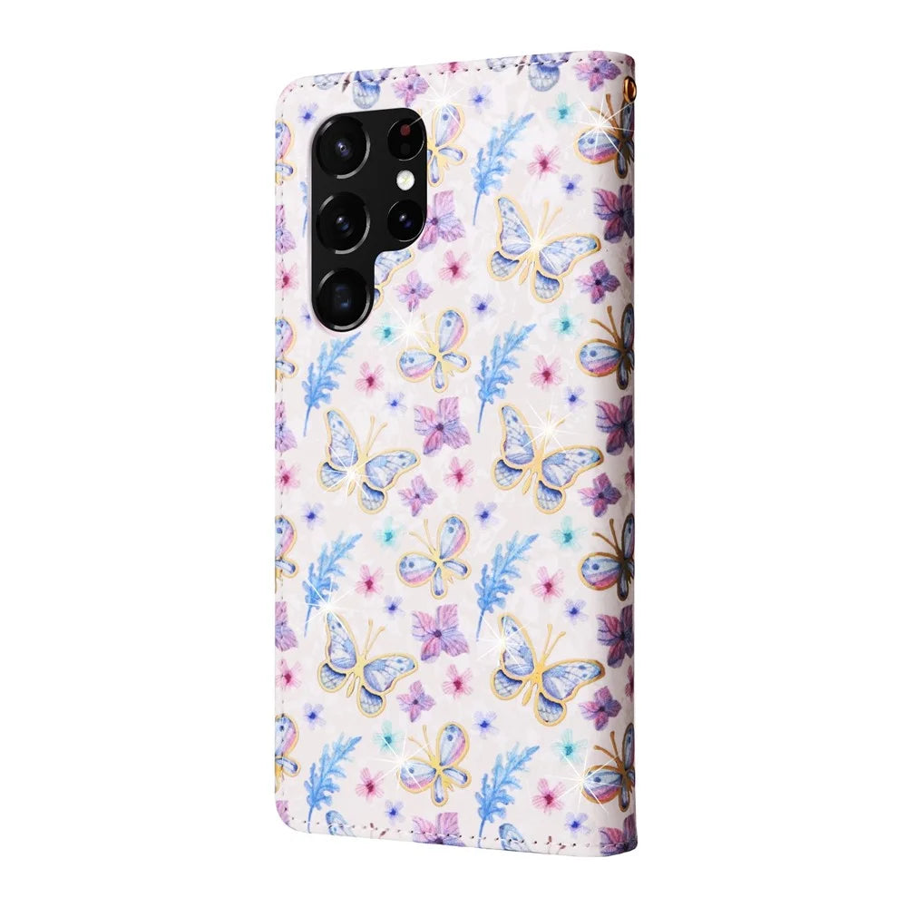 For Samsung Galaxy S23 Ultra Lacquered PU Leather Phone Full Protection Case RFID Blocking Flip Stand Wallet Cover - Butterfly Flower - 3