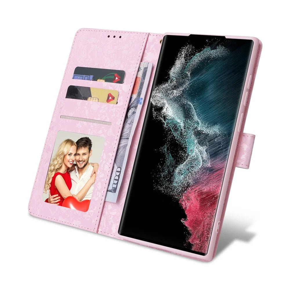 For Samsung Galaxy S23 Ultra Lacquered PU Leather Phone Full Protection Case RFID Blocking Flip Stand Wallet Cover - Butterfly Flower - 5