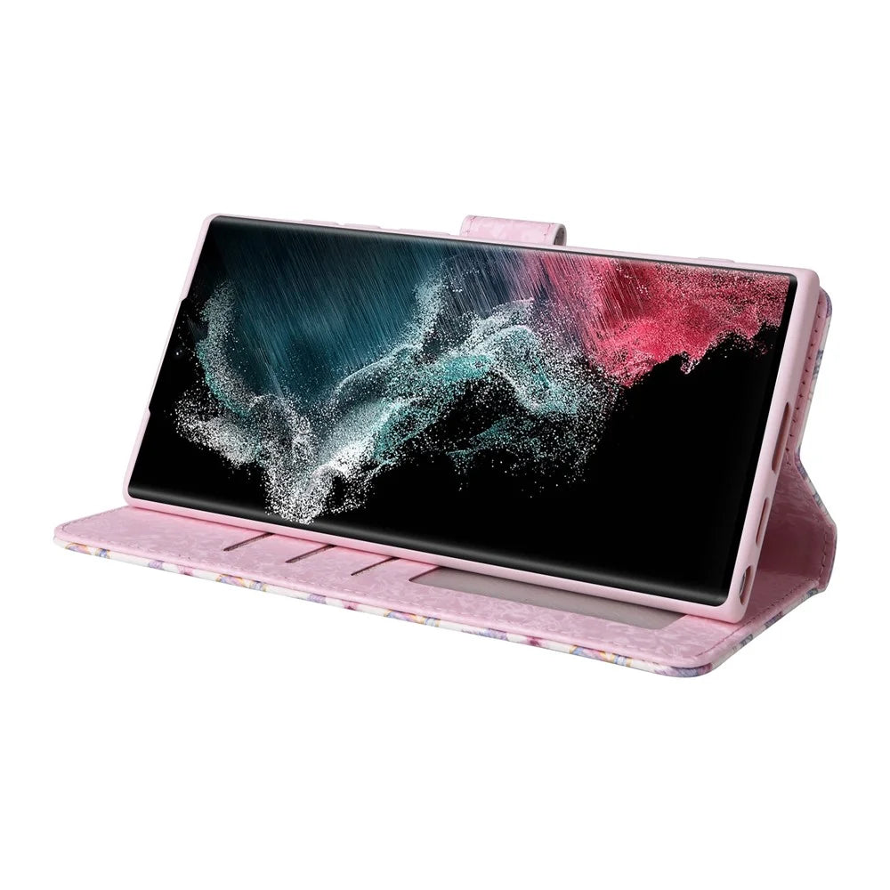 For Samsung Galaxy S23 Ultra Lacquered PU Leather Phone Full Protection Case RFID Blocking Flip Stand Wallet Cover - Butterfly Flower - 6