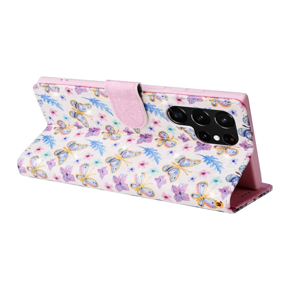 For Samsung Galaxy S23 Ultra Lacquered PU Leather Phone Full Protection Case RFID Blocking Flip Stand Wallet Cover - Butterfly Flower - 7