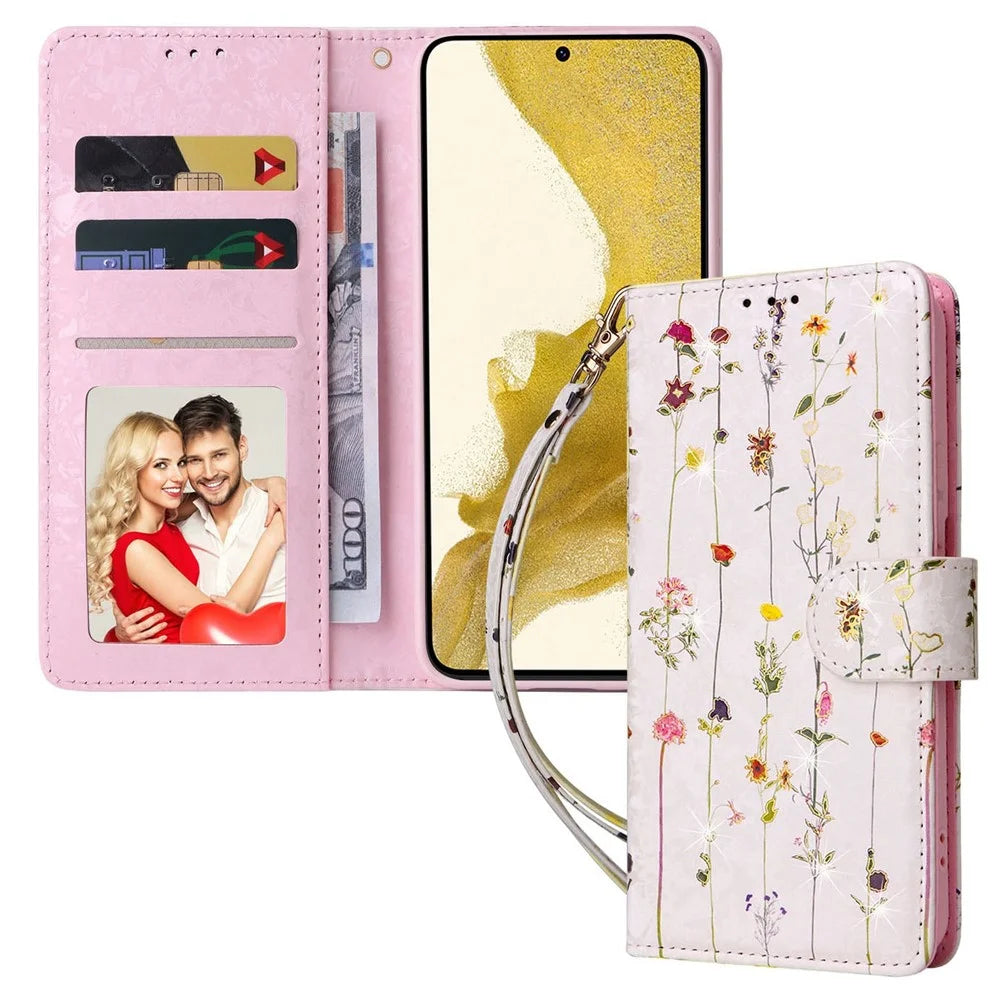 For Samsung Galaxy S23+ Stylish Lacquered PU Leather Phone Protective Case RFID Blocking Wallet Foldable Stand Cover - Small Flower - 1