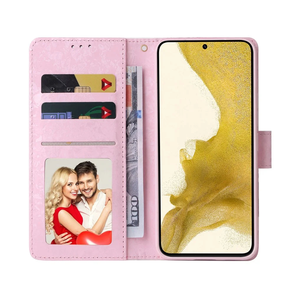 For Samsung Galaxy S23+ Stylish Lacquered PU Leather Phone Protective Case RFID Blocking Wallet Foldable Stand Cover - Small Flower - 2