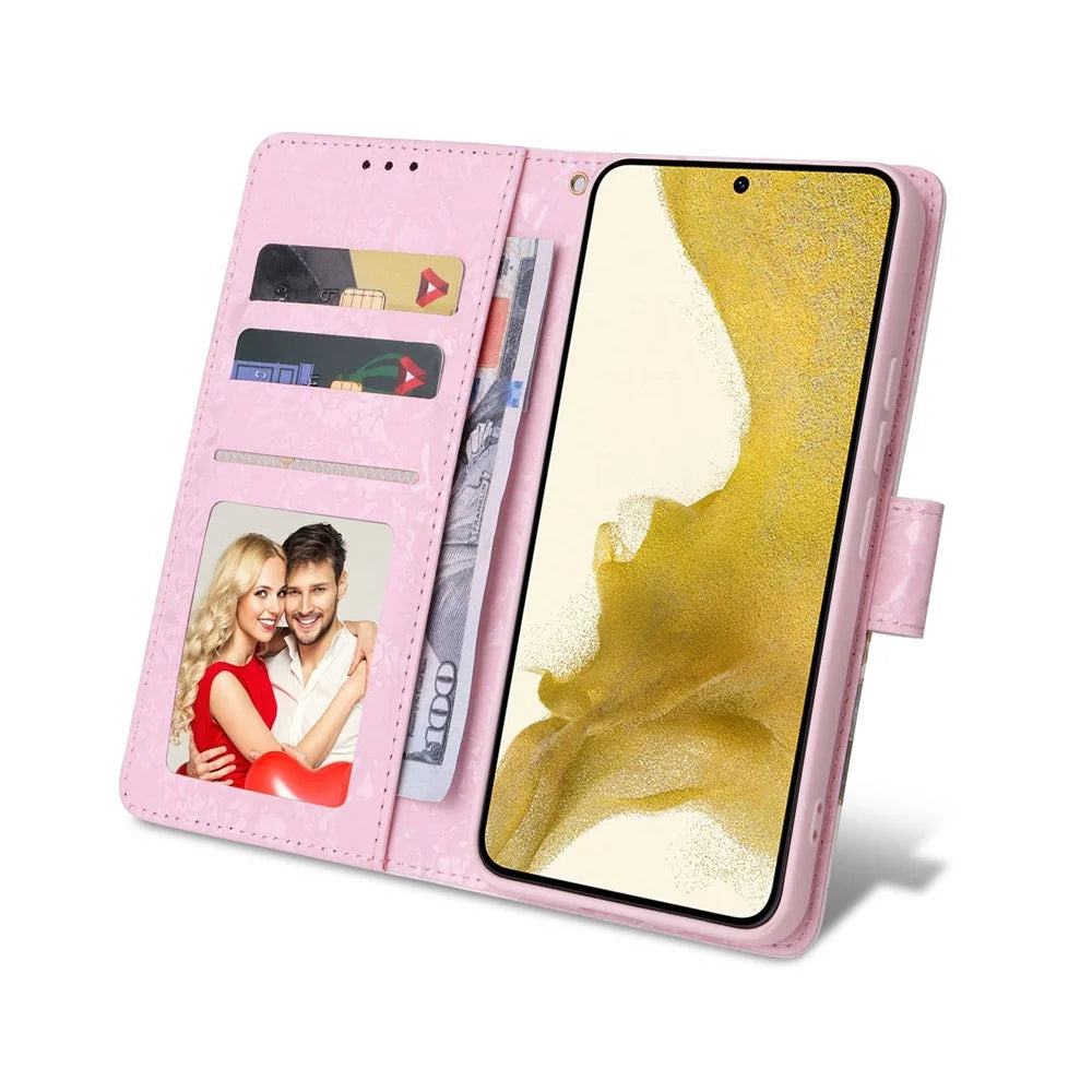 For Samsung Galaxy S23+ Stylish Lacquered PU Leather Phone Protective Case RFID Blocking Wallet Foldable Stand Cover - Small Flower - 3