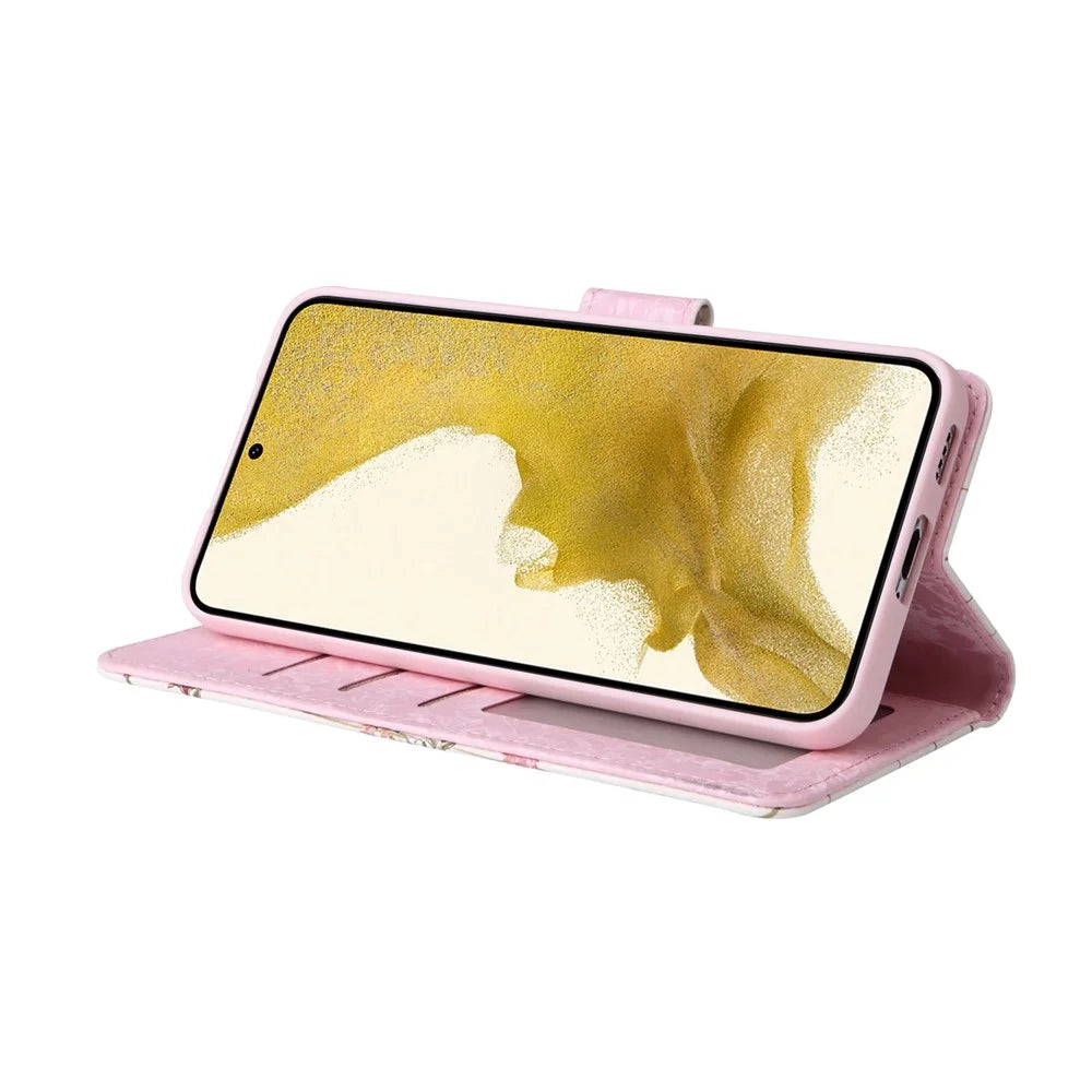 For Samsung Galaxy S23+ Stylish Lacquered PU Leather Phone Protective Case RFID Blocking Wallet Foldable Stand Cover - Small Flower - 4