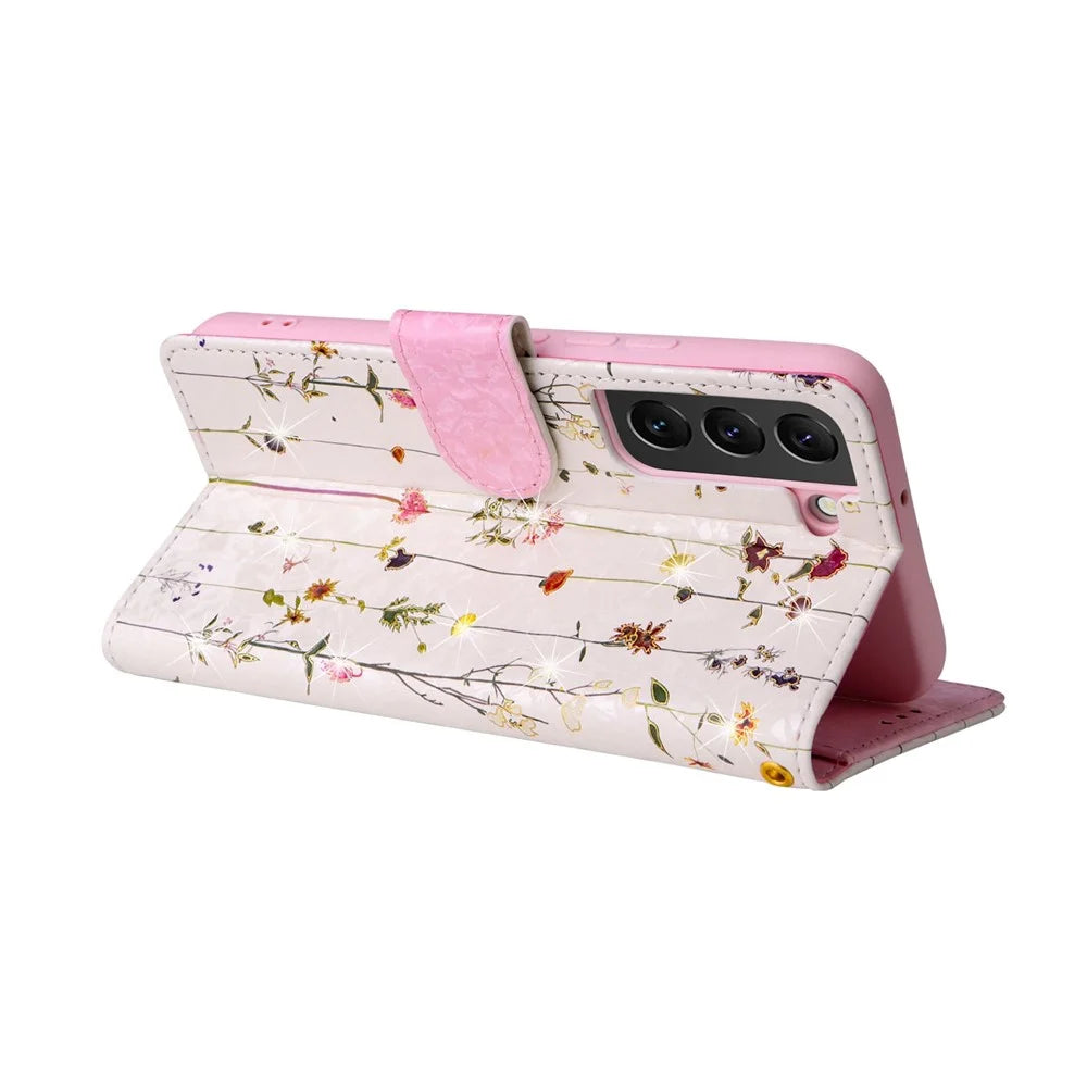 For Samsung Galaxy S23+ Stylish Lacquered PU Leather Phone Protective Case RFID Blocking Wallet Foldable Stand Cover - Small Flower - 5