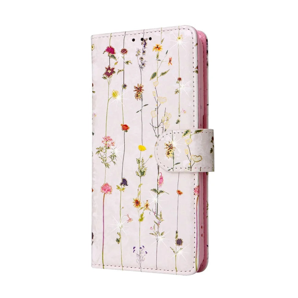 For Samsung Galaxy S23+ Stylish Lacquered PU Leather Phone Protective Case RFID Blocking Wallet Foldable Stand Cover - Small Flower - 6