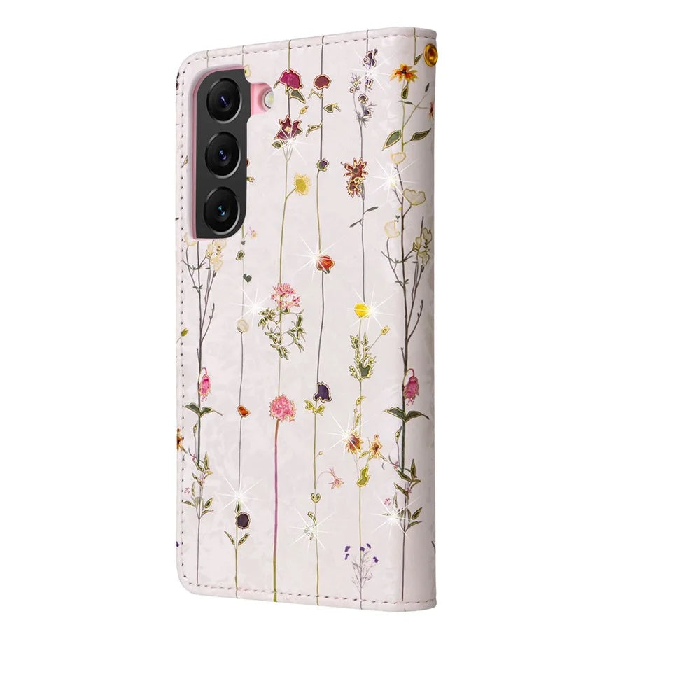 For Samsung Galaxy S23+ Stylish Lacquered PU Leather Phone Protective Case RFID Blocking Wallet Foldable Stand Cover - Small Flower - 7