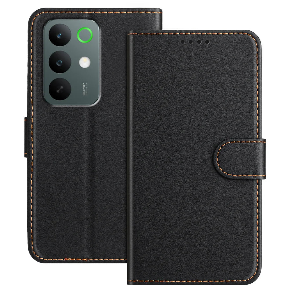 For Realme C85 Pro 4G Leather Case Wallet Stand Solid Color Anti Drop Phone Cover - Black - 1