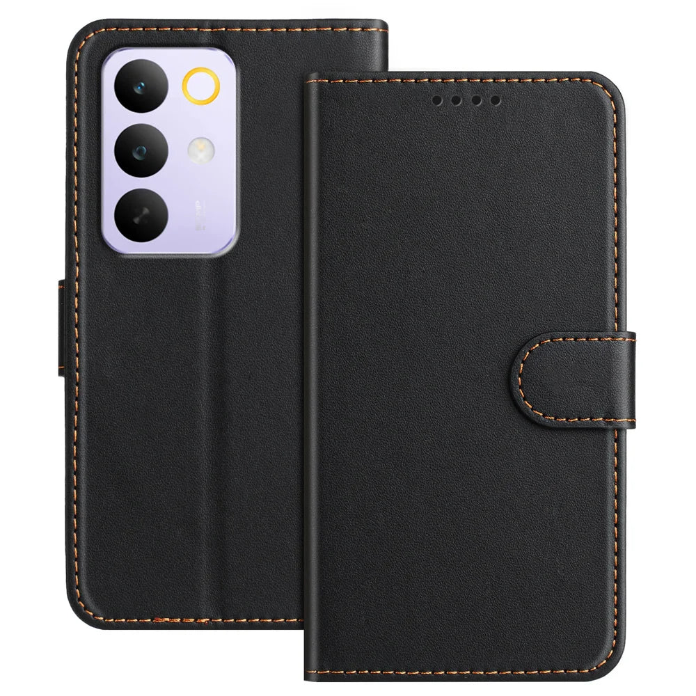 For Realme C85 5G Leather Case Wallet Stand Solid Color Anti Drop Phone Cover - Black - 1