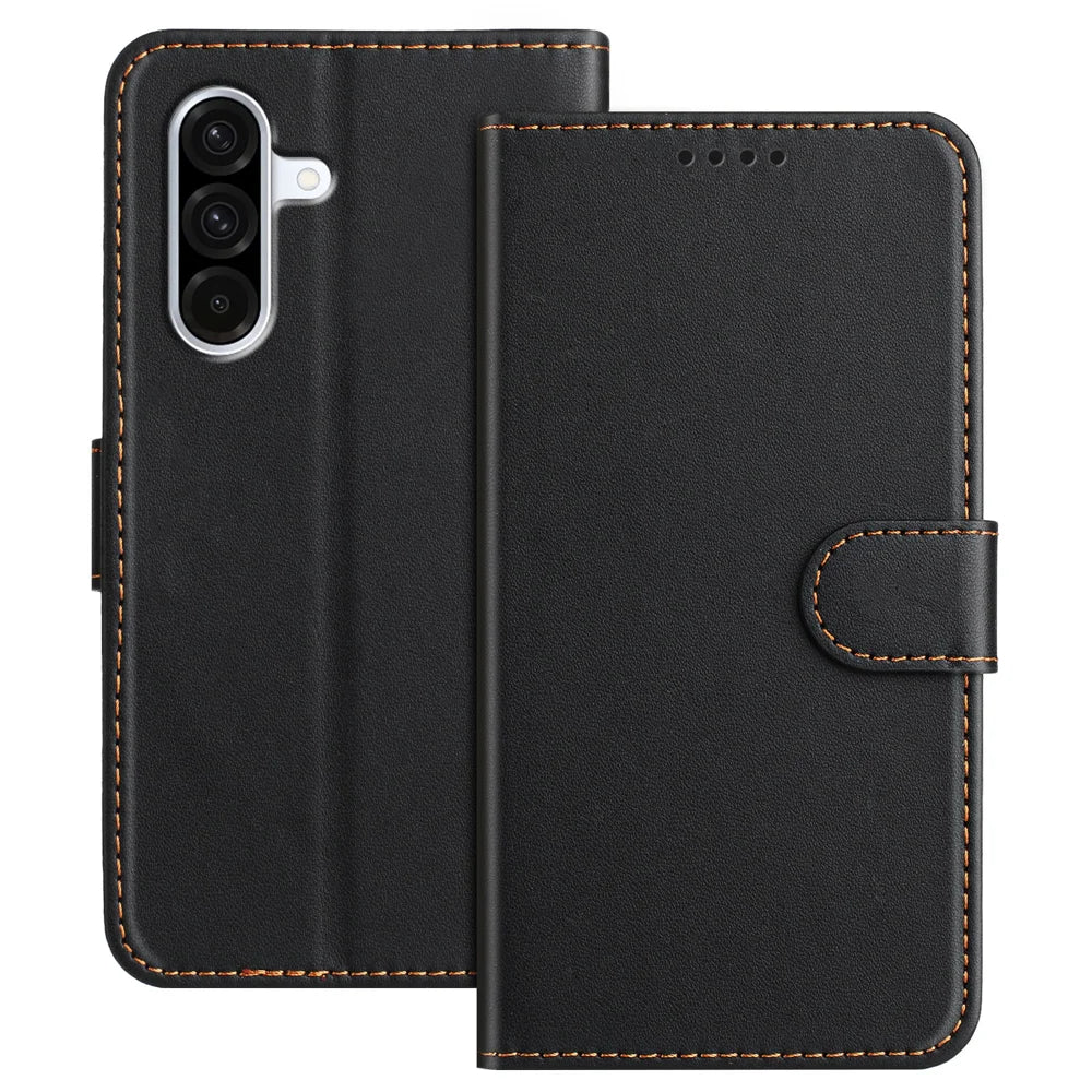 For Samsung Galaxy A57 5G Leather Case Wallet Stand Solid Color Anti Drop Phone Cover - Black - 1
