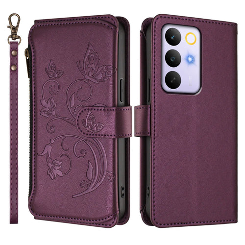 For Realme C85 Pro 4G Leather Case Butterfly Floral Imprint Zipper Wallet Stand Cover with Wrist Strap - Purple - 1