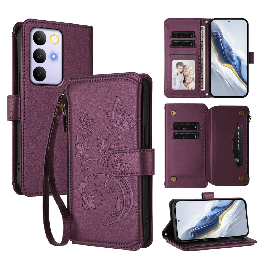For Realme C85 Pro 4G Leather Case Butterfly Floral Imprint Zipper Wallet Stand Cover with Wrist Strap - Purple - 2