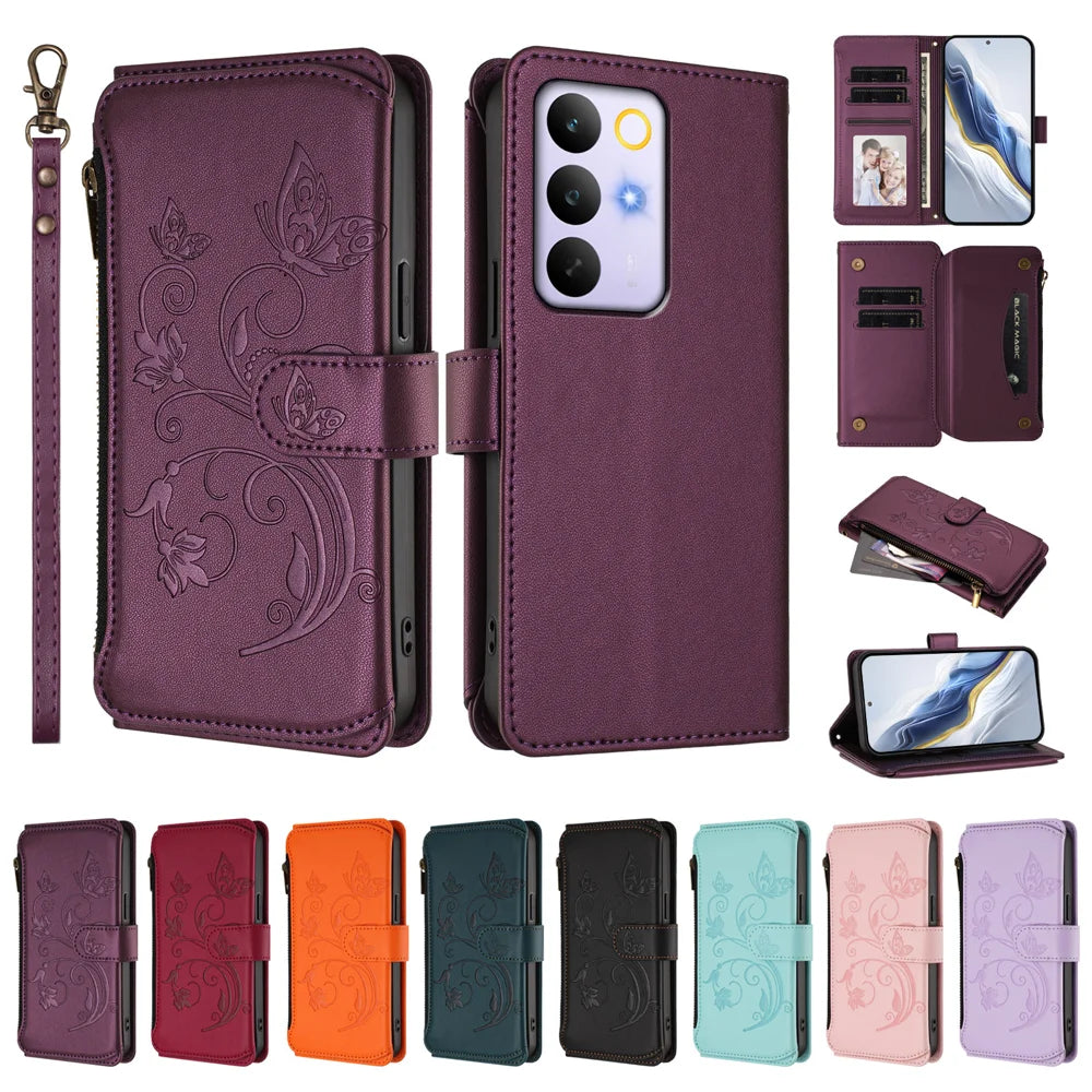 For Realme C85 Pro 4G Leather Case Butterfly Floral Imprint Zipper Wallet Stand Cover with Wrist Strap - Purple - 4