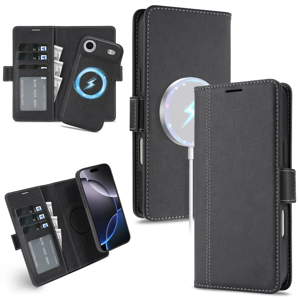For iPhone Air Case Detachable 2 in 1 Leather Wallet Phone Cover Compatible with MagSafe - Black - 1