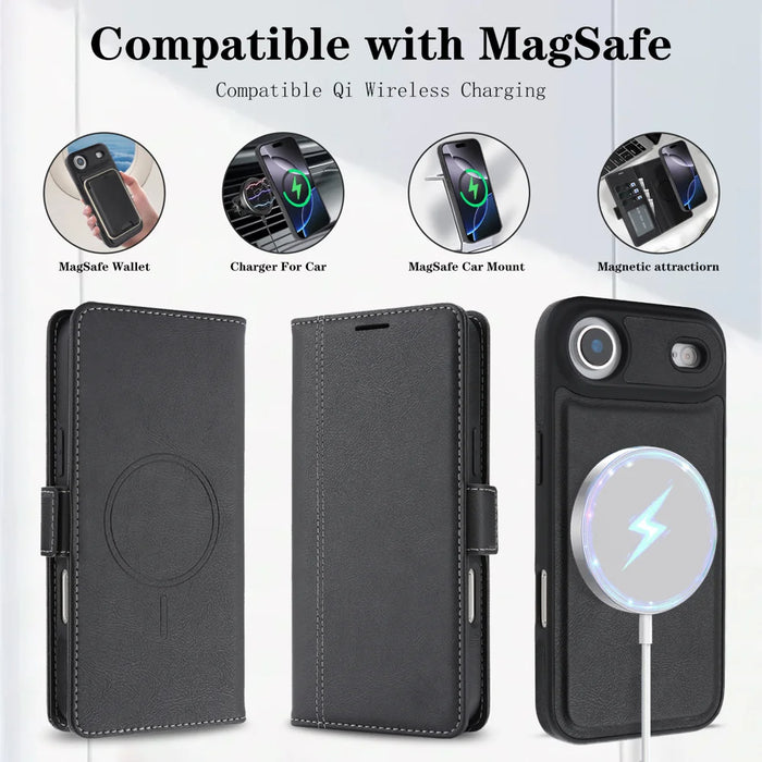 For iPhone Air Case Detachable 2 in 1 Leather Wallet Phone Cover Compatible with MagSafe - Black - 4
