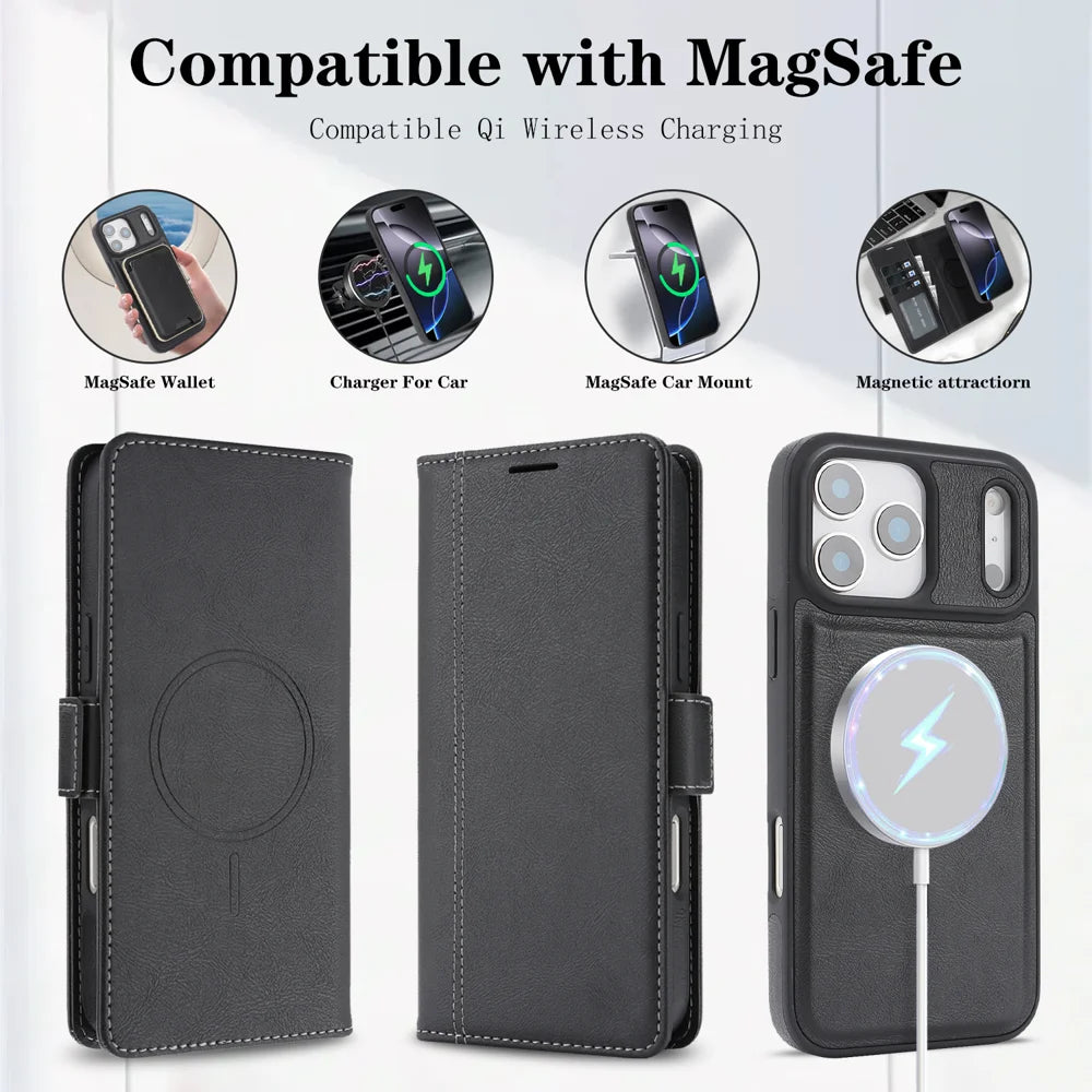 For iPhone 17 Pro Case Detachable 2 in 1 Leather Wallet Phone Cover Compatible with MagSafe - Black - 4