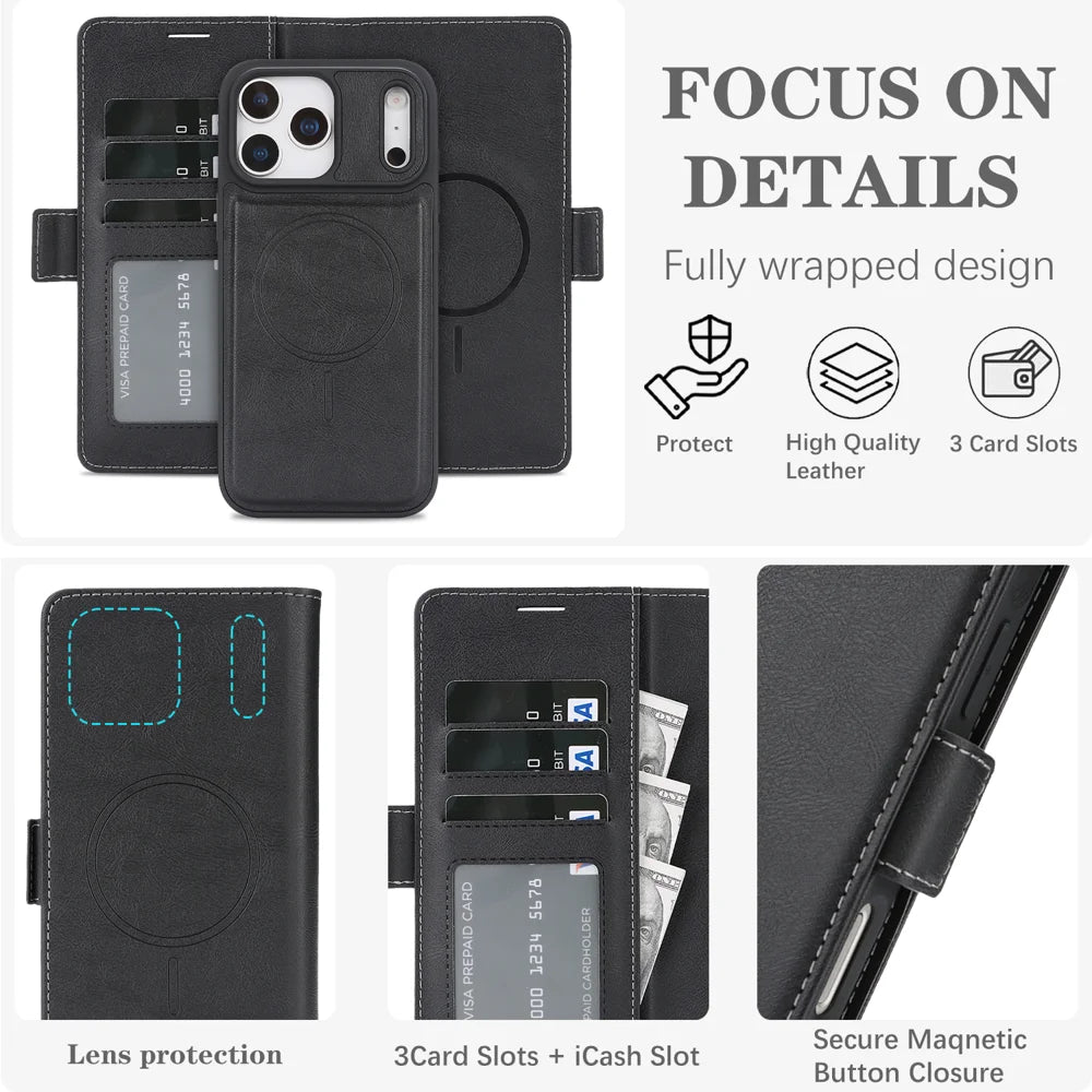 For iPhone 17 Pro Case Detachable 2 in 1 Leather Wallet Phone Cover Compatible with MagSafe - Black - 5